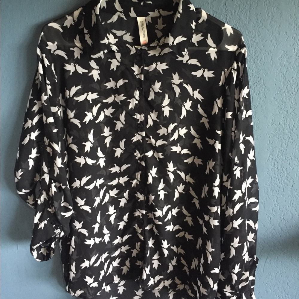 Black and white button up bird blouse